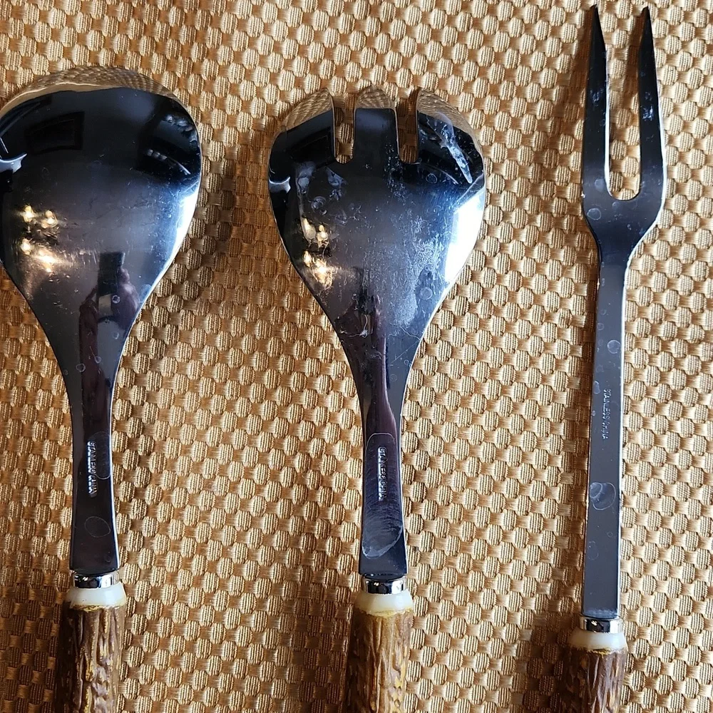 Faux Antler Handler Serving Set 3 Utensils BBQ Salad Servers Fork